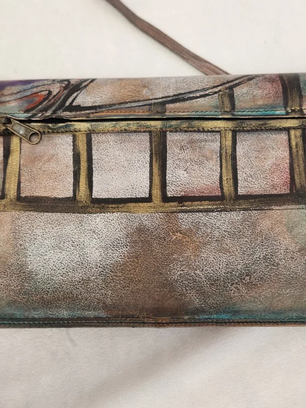 Vintage JANE YOO Leather Wearable Art Signed Shoulder Bag Front Snap Flap Hand P